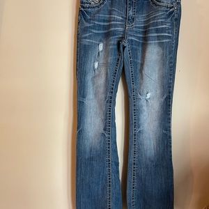Amethyst Size 7 Boot Cut Jeans Dark Wash Ripped Distressed Stretch Heavy Stitch
